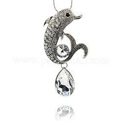 Legierung rhinestone-anhänger, trendy Halskette Zubehör, Delphin mit Träne, Antik Silber Farbe, 92x47x3 mm, Bohrung: 7 mm