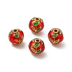 Perles en alliage, avec l'émail, or, Rond avec feuille, rouge, 9mm, Trou: 1.8mm