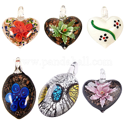 SUNNYCLUE Handmade Lampwork Pendants, Mixed Shapes, Mixed Color, 53~54x28~29x12~15mm, Hole: 8mm