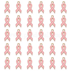 Pendentifs d'émail en alliage, forme de ruban de sensibilisation rose au cancer du sein d'octobre, plaqué or et de lumière, rose, 20x10x2mm, Trou: 2mm