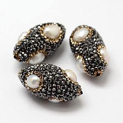 Perles oeil cheval strass en pâte polymère, avec cabochons de perles, lt.col.topaz, 25~38x16~17mm, Trou: 1.5mm