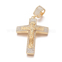 Ion Plating(IP) 304 Stainless Steel Big Pendants, with Rhinestone, Easter, Crucifix Cross, Golden, 65.5x46x4~14.5mm, Hole: 9x13mm