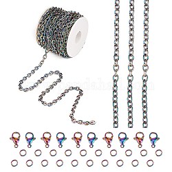 Kit de fabrication de bijoux de chaîne de bricolage, y compris le placage ionique de couleur arc-en-ciel (ip) 304 chaînes de câbles en acier inoxydable de 5 m et 10 fermoirs et 20 anneaux de saut, 1 bobine en plastique, couleur arc en ciel, chaînes de câbles: 8x6x1.5mm