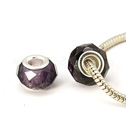 Handgefertigte Glasperlen europäischen, Großloch perlen, Farbe Silber Messingkern, dunkelviolett, 14x8 mm, Bohrung: 5 mm