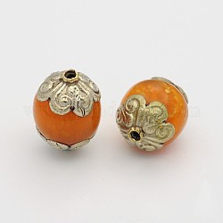 Handmade Tibetan Style Imitation Beeswax Oval Beads, with Brass Findings, Antique Silver, Orange Red, 19x15mm, Hole: 2mm