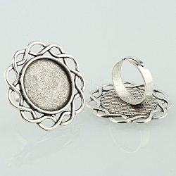 Vintage Adjustable Iron Finger Ring Components Alloy Flower Cabochon Bezel Settings, Cadmium Free & Lead Free, Antique Silver, Flat Round Tray: 20mm, 17mm