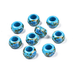 Perles rondelles acryliques opaques imprimées de fleurs, Perles avec un grand trou   , bleu profond du ciel, 15x9mm, Trou: 7mm