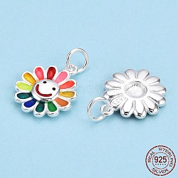 925 Sterling Silver Enamel Charms, with Jump Ring, Flower with Smile, Colorful, 14.5x12x2mm, Hole: 3mm