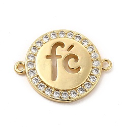 Eco-Friendly Rack Plating Brass Micro Pave Clear Cubic Zirconia Connector Charms, Lead Free & Cadmium Free, Long-Lasting Plated, Flat Round Links with Word, Real 18K Gold Plated, 25x20x3mm, Hole: 1.4~1.5mm