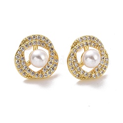 Clear Cubic Zirconia Flower with Plastic Pearl Stud Earrings, Brass Jewelry for Women, Cadmium Free & Lead Free, Light Gold, 13.5x14x7mm, Pin: 0.9mm