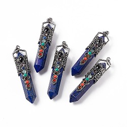 Gros pendentifs teints en lapis-lazuli naturel, breloques de balle à facettes 7 chakra, avec placage à crémaillère en alliage argenté antique, sans cadmium et sans plomb, 84x20x19.5mm, Trou: 8x5mm