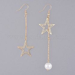 Glass Pearl Dangle Earrings, Asymmetrical Earrings, with Iron Bar Links, Brass Pendant and Earring Hooks, with Cardboard Packing Box, Star, Golden, 75mm and 90mm, Pin: 0.6mm
