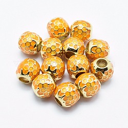 Messing Emaille europäischen Perlen, Cadmiumfrei und Nickel frei und Bleifrei, rund mit Waben, golden, 9x9 mm, Bohrung: 4 mm