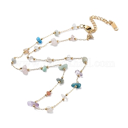 Natural & Synthetic Mixed Gemstone Chips Beaded Chain Necklace, with Golden 316 Surgical Stainless Steel Chains, 15.55~15.75 inch(39.5~40cm)