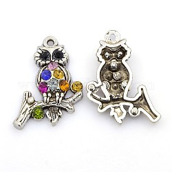 Alloy Bird Pendants, with Rhinestone, Owl, Antique Silver, Mixed Color, 35x25x5mm, Hole: 2mm