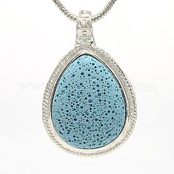 Platinum Alloy Natural Lava Rock Big Pendants, Dyed, with Magnetic Clasps, teardrop, Light Sky Blue, 60x38x10mm, Hole: 6mm