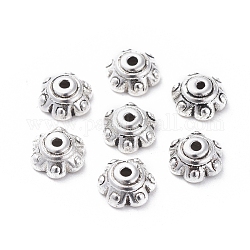 Tibetischen Stil Legierung Perlenkappen, Bleifrei und Nickel frei und Cadmiumfrei, Blume, Antik Silber Farbe, 7x3 mm, Bohrung: 1.5 mm
