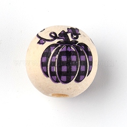 Des perles en bois naturel, rond avec motif à carreaux citrouille, violet, 15~16mm, Trou: 4mm