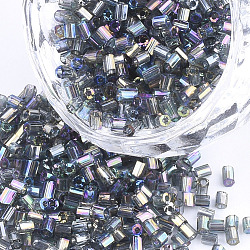 Grado a perline di semi di vetro, esagono (due tagli), colori trasparenti arcobaleno, grigio ardesia, 1.5~2.5x1.5~2mm, Foro: 0.8 mm, circa 2100pcs/scatola, 450 g / borsa