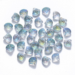Perles de verre peintes par pulvérisation transparent, perles percées, de couleur plaquée ab , forme de pétoncle, turquoise moyen, 10x10.5x6mm, Trou: 1mm