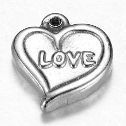 201 charms in acciaio inox, cuore con la parola amore, San Valentino, colore acciaio inossidabile, 13x11.5x3mm, Foro: 1 mm