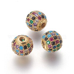 Perles de zircone cubique micro pave en Laiton, ronde, colorées, or, 8x7.5mm, Trou: 2mm