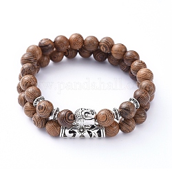 Stretch Bracelets Sets, with Natural Wood Beads and Tibetan Style Alloy Beads, Buddha Head & Tube, Coconut Brown, 8.5mm, Inner Diameter: 52mm, 2pcs/set