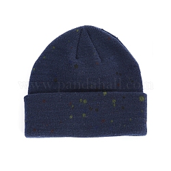 Bonnet à revers en fil de fibre de polyacrylonitrile, bonnet d'hiver en tricot à pois pour femme, bleu de Prusse, 560~580mm