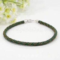 Braided Leather Bracelets, with 925 Sterling Silver Findings and Lobster Claw Clasps, Dark Green, 210x4mm