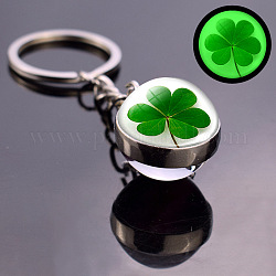 Porte-clés en verre d'alliage lumineux, avec porte-clés, rond avec trèfle, blanc, 8x2 cm