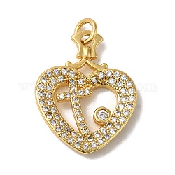 Heart with Cross Rack Plating Brass Micro Pave Clear Cubic Zirconia Pendants, with Jump Ring, Long-Lasting Plated, Lead Free & Cadmium Free, Real 18K Gold Plated, 22.5x18x3mm, Hole: 3mm