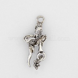 Tibetan Style Pendants, Lead Free & Cadmium Free, Angel with Flower, Antique Silver, 24x15x12mm, Hole: 2mm