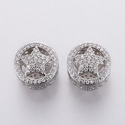 Ottone micro spianare perline europei zirconi, perline con foro grande, cavo, piatta e rotonda con stella, chiaro, platino, 11.5x10mm, Foro: 4.5 mm