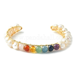 Perles de perles naturelles et perles de pierres précieuses mélangées bracelets de manchette pour femme fille cadeau, bracelet en pierre avec base en laiton, blanc, diamètre intérieur : 2.13~2.24 pouce (54~57 mm)
