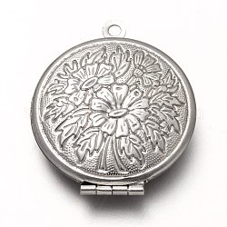 316 Stainless Steel Locket Pendants, Photo Frame Charms for Necklaces, Flat Round with Flower, Stainless Steel Color, 32x27x6.5mm, Hole: 1.8mm, Inner Diameter: 18.5mm