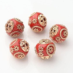 5PCS DIY Findings Round Handmade Indonesia Beads, with Alloy Cores, Red, 14~15x15mm, Hole: 2mm
