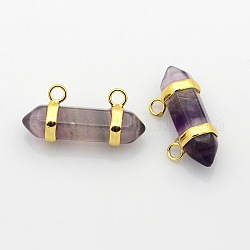 Natural Gemstone Point Hexagon Pendants with Golden Plated Brass Findings, Fluorite, 14x33x10mm, Hole: 3mm