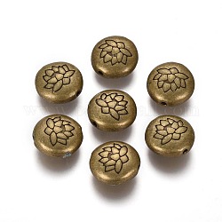 Tibetischer stil legierung perlen, flach rund mit Lotus, Cadmiumfrei und Nickel frei und Bleifrei, Antik Bronze, 14x6.5 mm, Bohrung: 1 mm, ca. 240 Stk. / 1000 g