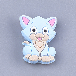 Food Grade Eco-Friendly Silicone Focal Beads, Kitten, Chewing Beads For Teethers, DIY Nursing Necklaces Making, Cat, Light Blue, 29.5x22x8mm, Hole: 2mm