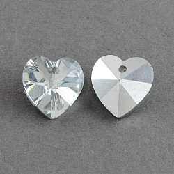 Heart Electroplated Glass Pendants, Silver Plated Bottom, Faceted, Clear, 14x14x8mm, Hole: 1.5mm