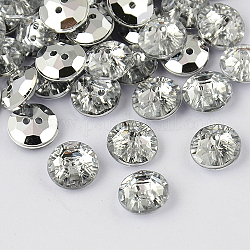 Botones redondos planos del diamante artificial de acrílico de Taiwán de 2-agujero, facetado y plateado plateado hacia atrás, blanco, 21x7mm, agujero: 1 mm