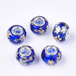 Perline di vetro europeo , perline con foro grande, con tono platino ottone doppie core, rondelle con sakura, blu, 14x10~11mm, Foro: 5 mm
