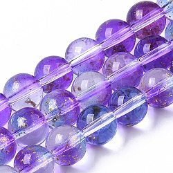 Chapelets de perles en verre peinte par pulvérisation transparent, avec une feuille d'or, ronde, bleu violet, 8~9mm, Trou: 1.2~1.5mm, Environ 46~56 pcs/chapelet, 14.37 pouce ~ 16.3 pouces (36.5~41.4 cm)