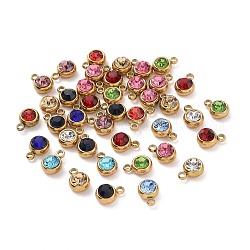 304 Stainless Steel Charms, with Acrylic Rhinestone, Birthstone Charms, Faceted, Flat Round, Golden, Mixed Color, 8.2x6x3.5mm, Hole: 1.2mm