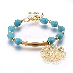 Bracelets breloques stretch turquoise synthétique, avec accessoires en 304 acier inoxydable, tube et fleur, or, 6-3/4 pouce (17 cm), pendentif: 34x27x0.5 mm