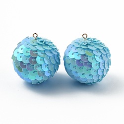 Décorations de pendentif en plastique paillette scintillante, de couleur plaquée ab , forme de boule, lumière bleu ciel, 30x29mm, Trou: 2mm