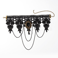 Gothic Retro Hollow Lace Flower Collar Necklaces, Antique Bronze, Black, 10.2 inch