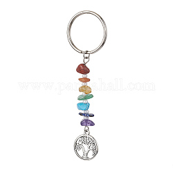 Porte-clés en pierres précieuses naturelles chakra, porte-clés pendentif arbre de vie en alliage, plat rond, 8.5 cm, pendentif: 18x15x1.5 mm