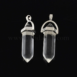 Pendentifs en cristal de quartz naturel avec accessoires en alliage, cristal de roche, platine, 40~42x13.5x10mm, Trou: 2mm