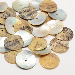 Flat Round Natural Akoya Shell Beads, Mother of Pearl Shell Beads, Camel, 23x1~1.5mm, Hole: 1mm, about 720pcs/bag